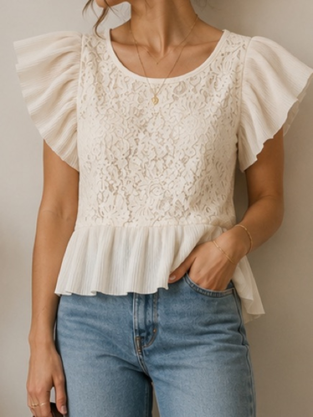Mango Cream Lace Flutter-Sleeve Peplum Top